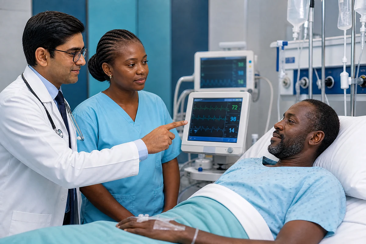 Critical Care & Anaesthesia — Indian doctor with African patient